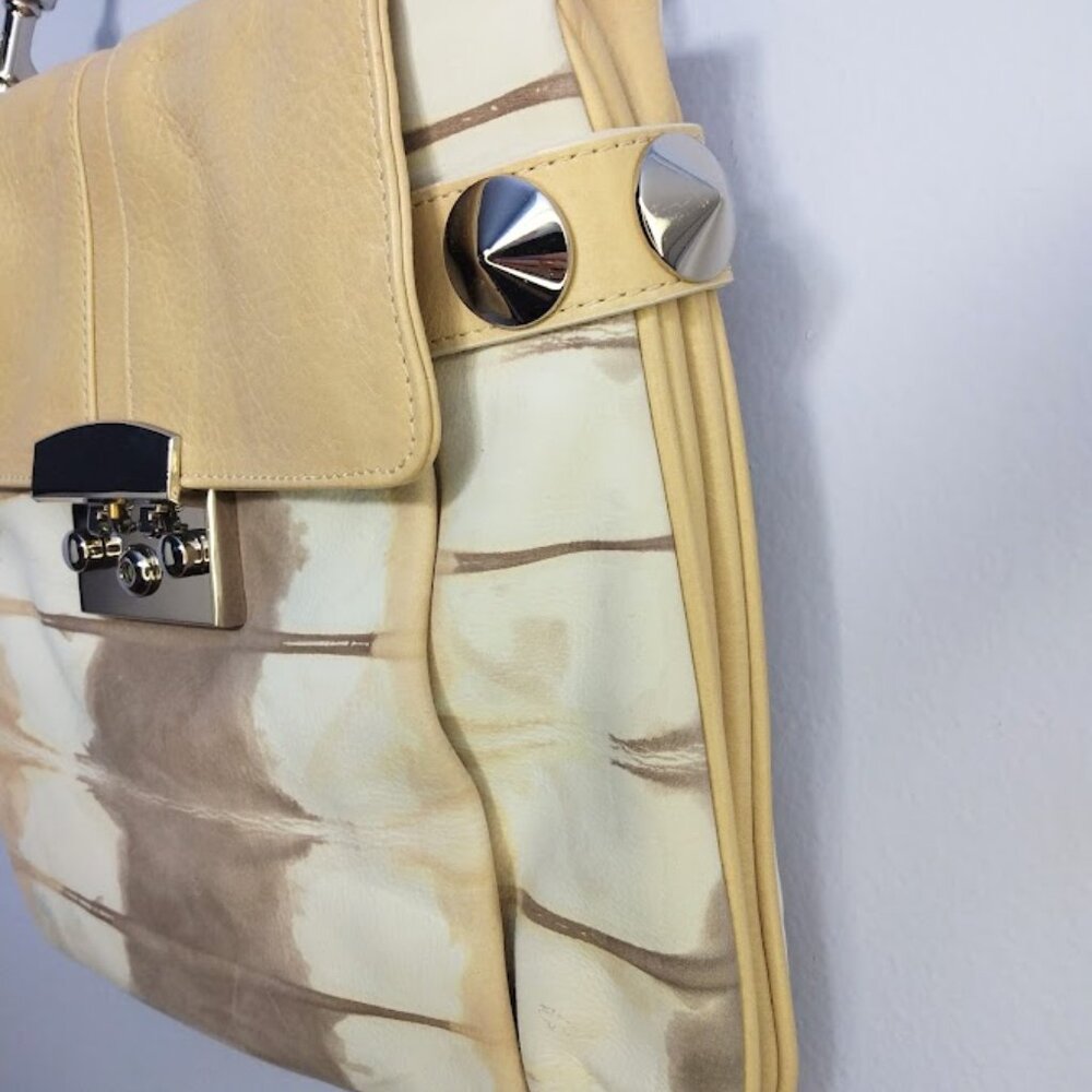 Women's Leather & Suede Shoulder Handbag Beige Cream Studded Neutral FLAWS - Picture 3 of 16